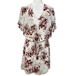 White House Black Market Floral Boho Mini Dress Size 6 Tassel Waist V-Neck Lined